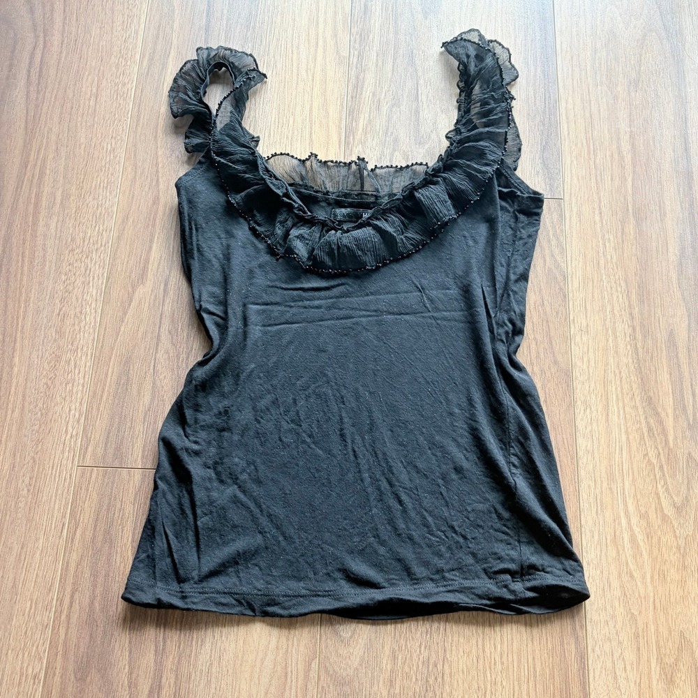 HM Black Ruffle Neck Tank Top Y2K Beaded Pleated Mesh Trim‎ Sleeveless Shirt S